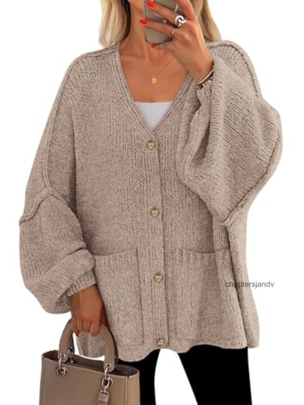 Oversized Chunky V-Neck Cardigan Sweater with Lantern Sleeves